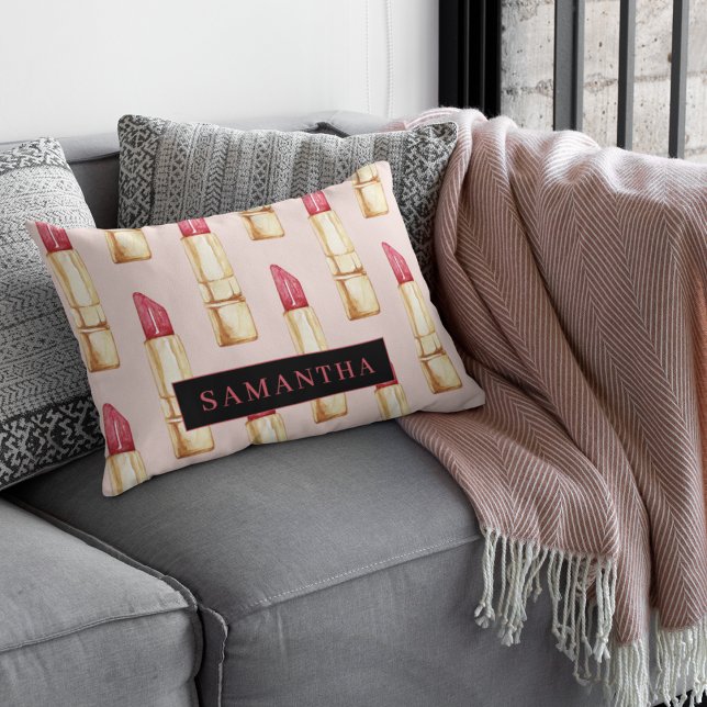 Modern Pink & Red Lipstick Pattern Girly With Name Decorative Cushion (Creator Uploaded)