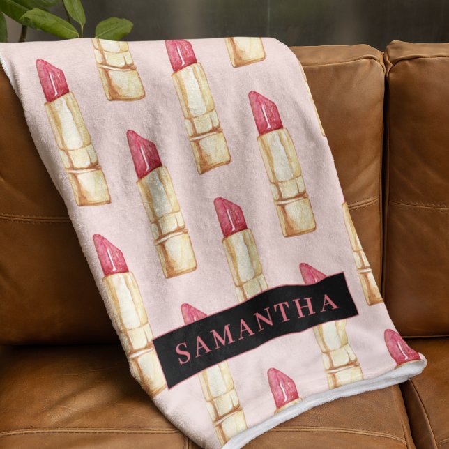 Modern Pink & Red Lipstick Pattern Girly With Name Fleece Blanket (Creator Uploaded)