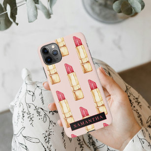 Modern Pink & Red Lipstick Pattern Girly With Name iPhone 11Pro Max Case