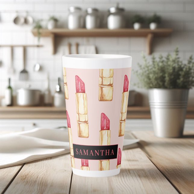 Modern Pink & Red Lipstick Pattern Girly With Name Latte Mug (Creator Uploaded)