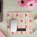 Modern Pink & Red Lipstick Pattern Girly With Name Mouse Mat<br><div class="desc">Modern Pink & Red Lipstick Pattern Girly With Name</div>