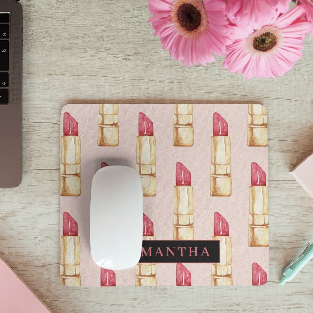 Modern Pink & Red Lipstick Pattern Girly With Name Mouse Mat (Creator Uploaded)