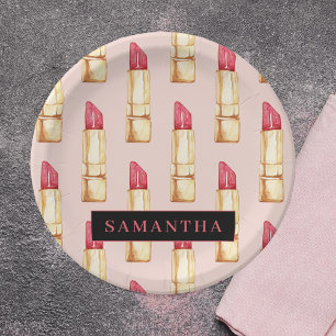 Modern Pink & Red Lipstick Pattern Girly With Name Paper Plate