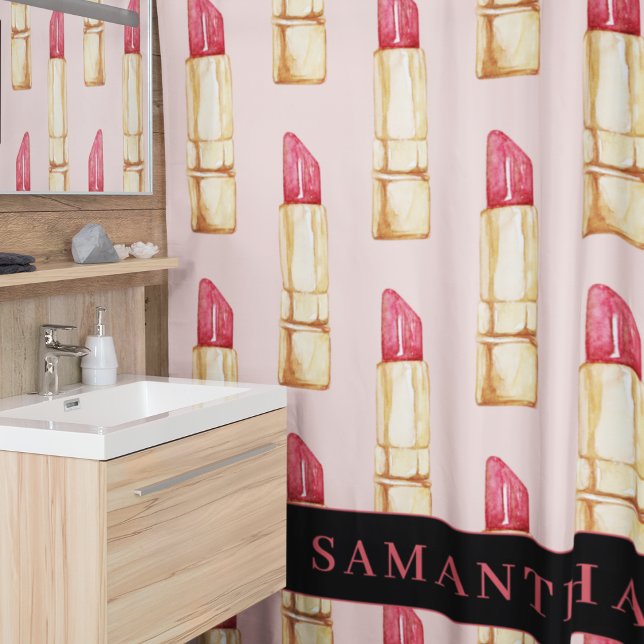 Modern Pink & Red Lipstick Pattern Girly With Name Shower Curtain (Creator Uploaded)