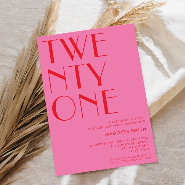 Modern Pink Red Minimalist Chic 21st Birthday Invitation (Creator Uploaded)