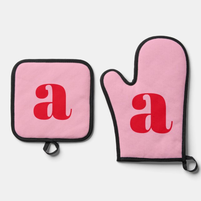 Modern Pink Red Monogram Initial Personalised Oven Mitt & Pot Holder Set (Front)