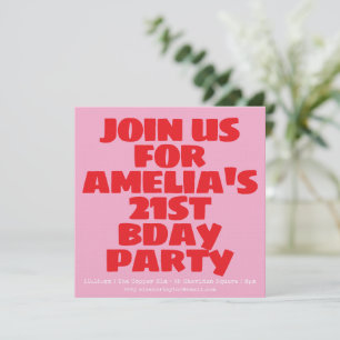 Modern Pink Red Photo Playful Bold Birthday 21st Invitation