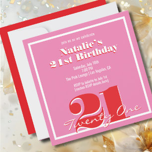 Modern Pink Red Retro 21st Birthday Square Invitation