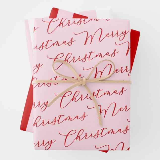 Modern Pink Red Script Stripes Wrapping Paper Sheet (In situ)