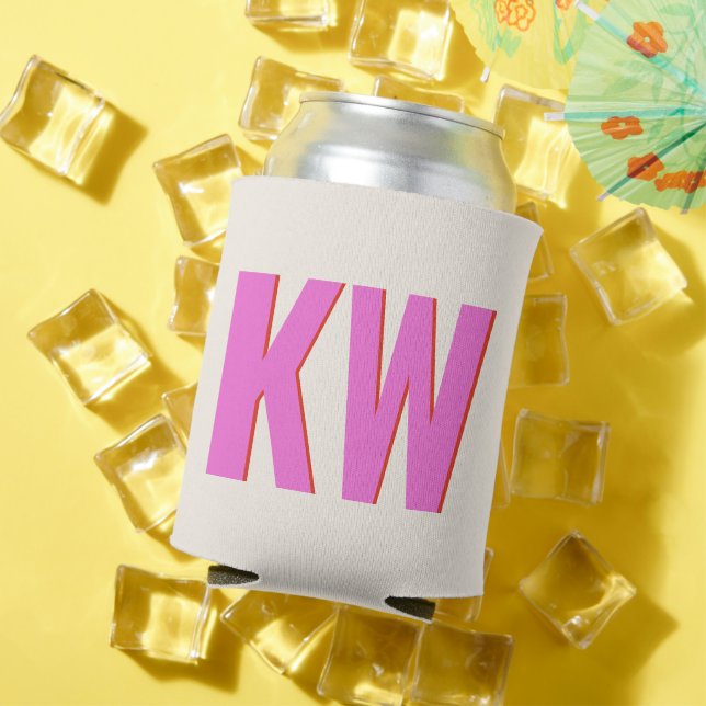 Modern Pink Red Shadow Monogram Personalised Can Cooler (In Situ Summer)
