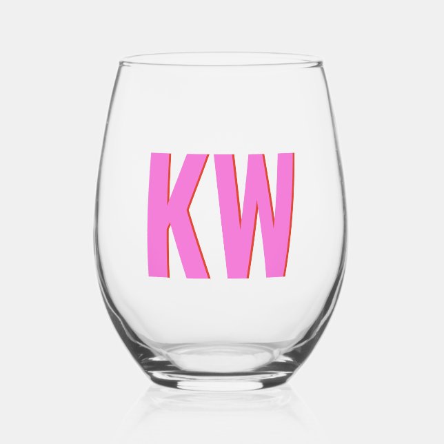 Modern Pink Red Shadow Monogram Personalised Stemless Wine Glass (Front)
