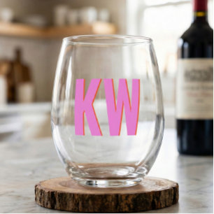 Modern Pink Red Shadow Monogram Personalised Stemless Wine Glass