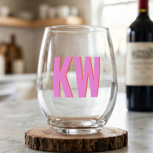 Modern Pink Red Shadow Monogram Personalised Stemless Wine Glass (Creator Uploaded)