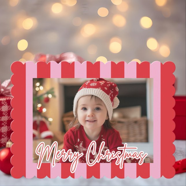 Modern Pink & Red Striped Photo Merry Christmas Holiday Card (Creator Uploaded)