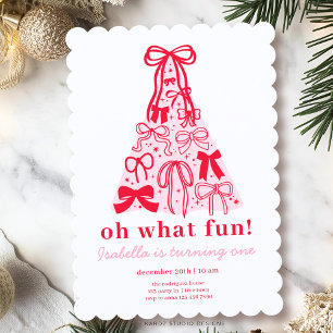 Modern Pink Red Tree Bow 1st Birthday Invitation