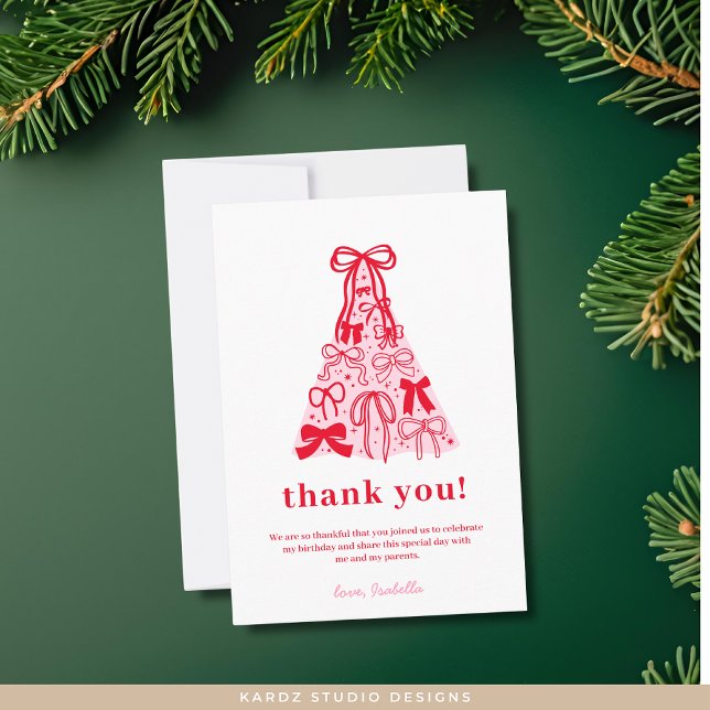 Modern Pink Red Tree Bow Birthday Thank You Card (Flat Thank You Card shown in 3.5 x 5 inches. Choose size, paper type, and standard-high def. print)