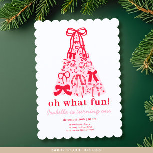 Modern Pink Red Tree Bow First Birthday Invitation