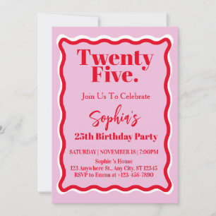 Modern Pink Red Wave Curve 25th Birthday Party Invitation