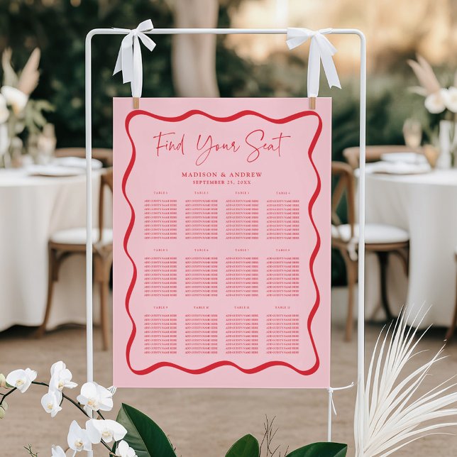 Modern Pink Red Wavy Frame Wedding Seating Chart (Creator Uploaded)