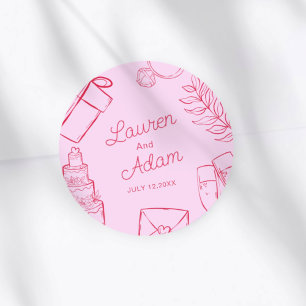Modern Pink & Red Wedding sketch Favour Classic Round Sticker