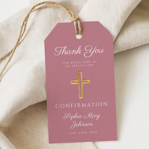 Modern Pink Religious Cross Boy Confirmation Gift Tags