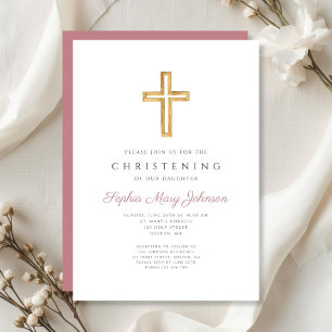 Modern Pink Religious Cross Girl Christening Invitation
