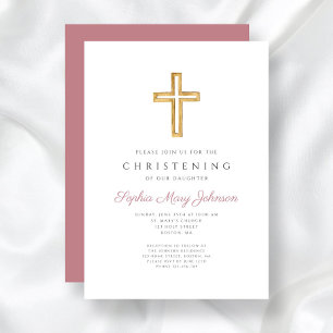 Modern Pink Religious Cross Girl Christening Invitation