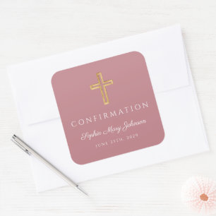 Modern Pink Religious Cross Girl Confirmation Square Sticker