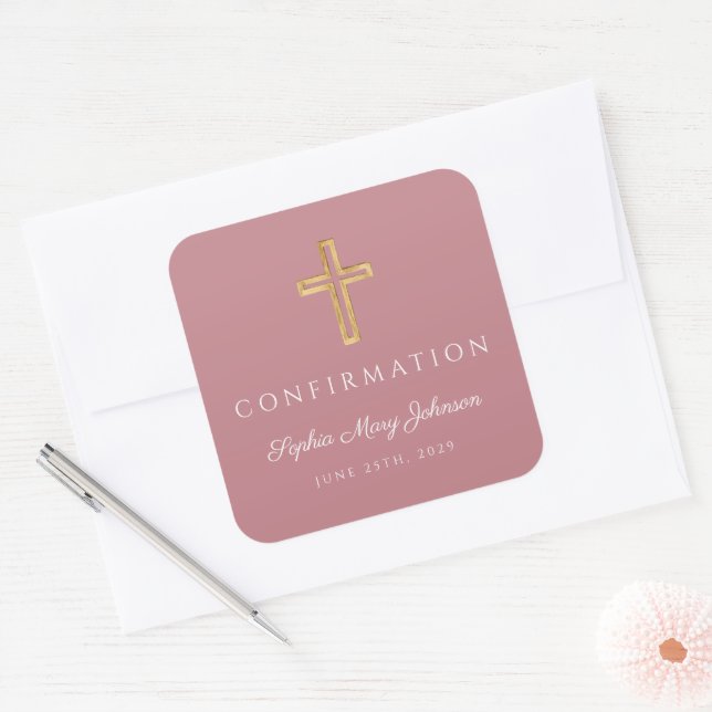 Modern Pink Religious Cross Girl Confirmation Square Sticker (Envelope)