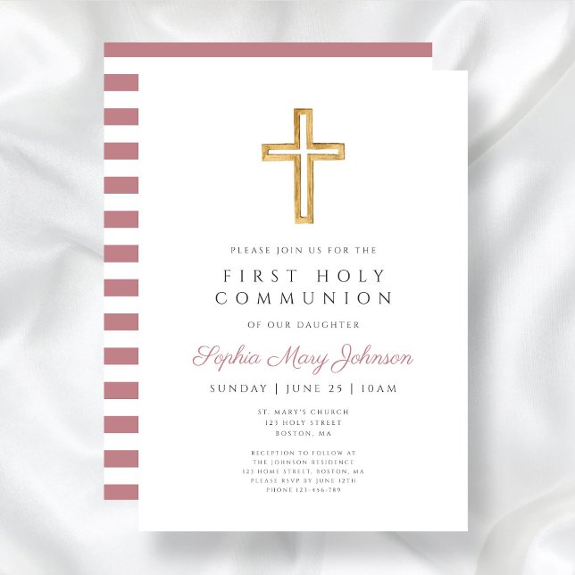 Modern Pink Religious Cross Girl First Communion Invitation (Modern Pink Religious Cross Girl First Communion Invitation)