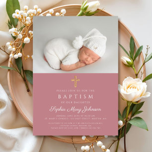  Modern Pink Religious Cross Girl Photo Baptism Invitation