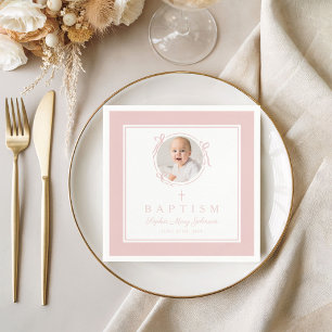 Modern Pink Religius Cross Girl Baptism Napkin