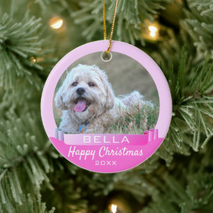 Modern Pink Ribbon Dog or Pet Photo Christmas Ceramic Tree Decoration