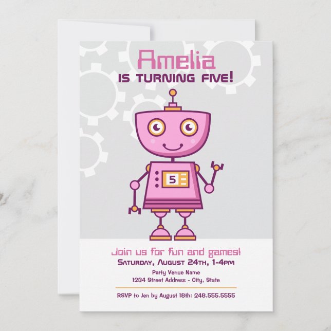 Modern Pink Robot Girls Birthday Party Invitation (Front)