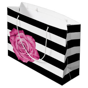Modern Pink Rose Black White Striped Wedding Party Large Gift Bag