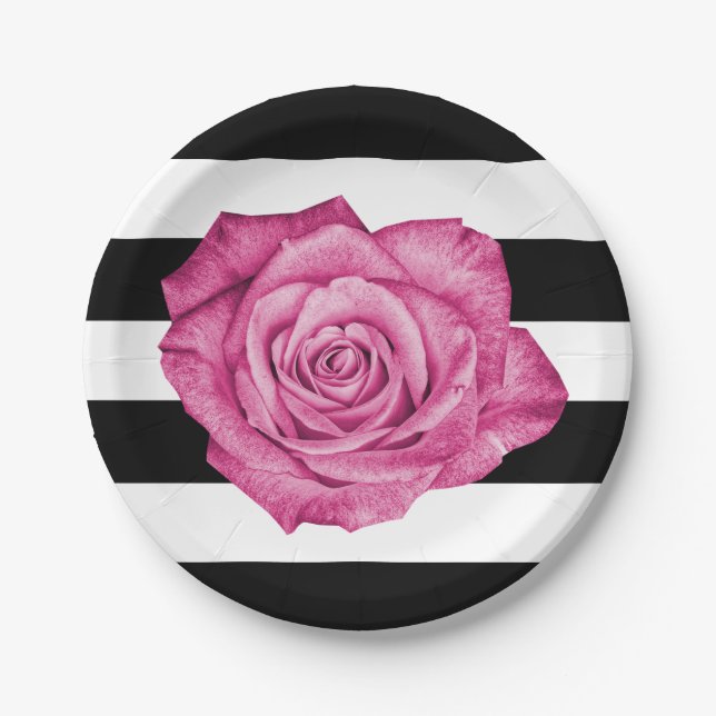Modern Pink Rose Black White Striped Wedding Party Paper Plate (Front)