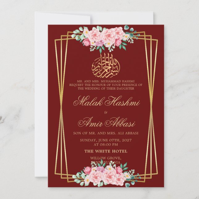 Modern Pink Rose burgundy Islamic Muslim wedding Invitation (Front)