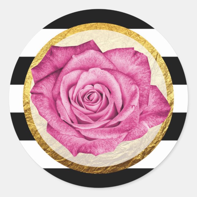 Modern Pink Rose Faux Gold Foil Striped Wedding Classic Round Sticker (Front)