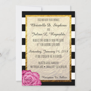 Modern Pink Rose Faux Gold Foil Striped Wedding Invitation