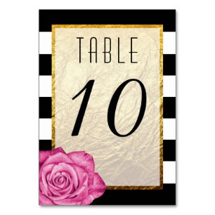 Modern Pink Rose Faux Gold Foil Striped Wedding Table Number