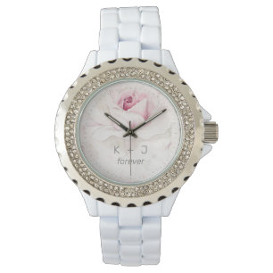 Modern Pink Rose Floral Bride Groom Monogram  Watch