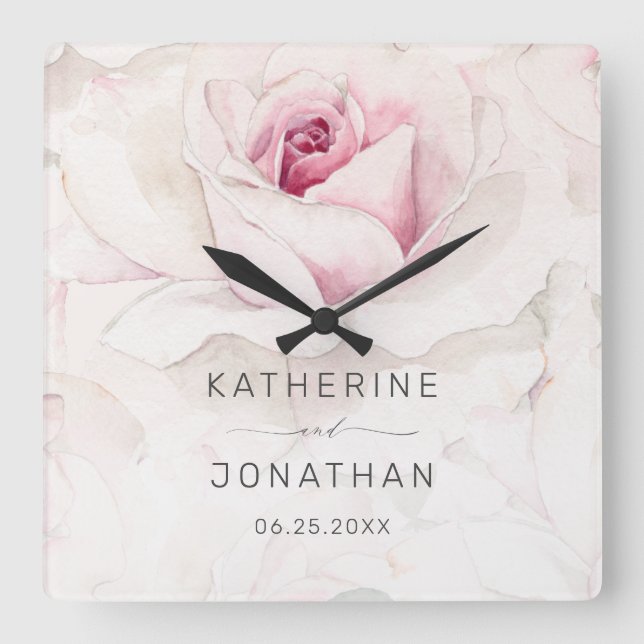 Modern Pink Rose Floral Bride Groom Names Wedding  Square Wall Clock (Front)