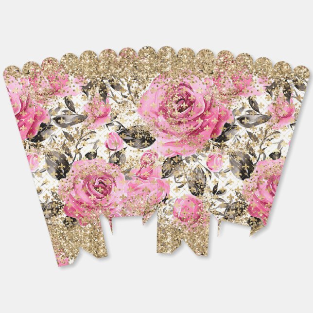 Modern Pink Rose Floral Chic Gold Glitter Favour Box (Unfolded)