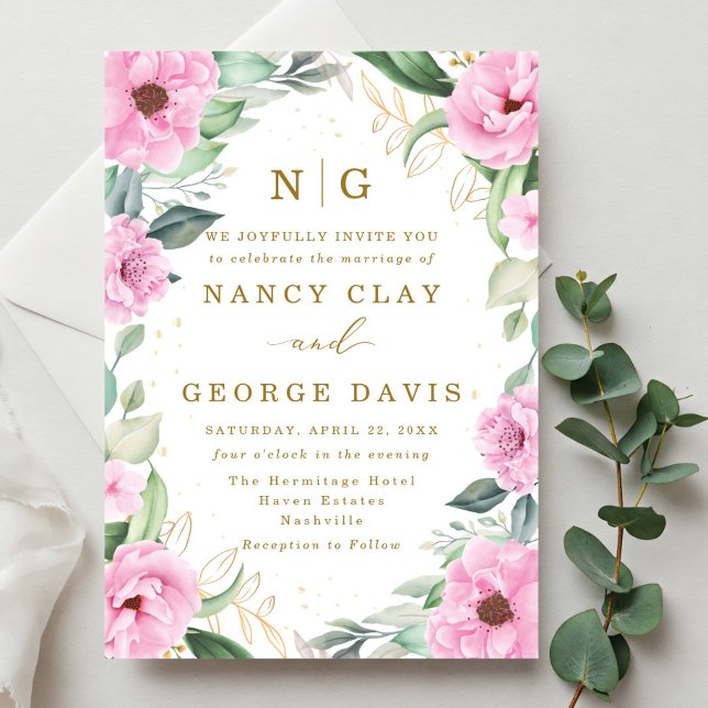 Modern Pink Rose Floral Frame Monogram Wedding Invitation (Creator Uploaded)