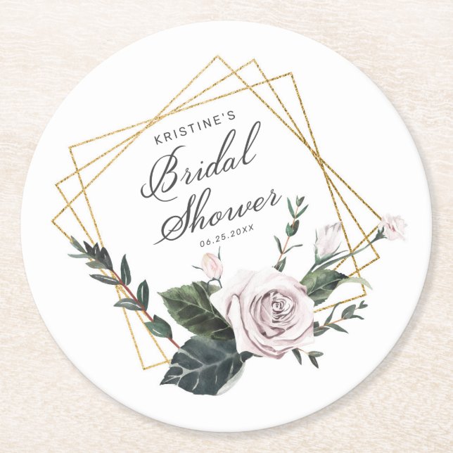 Modern Pink Rose Floral Gold Frame Bridal Shower Round Paper Coaster (Front)