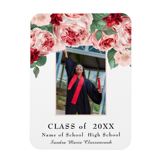 modern, Pink Rose floral graduation announcement M Magnet (Vertical)