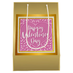 Modern Pink Rose Floral Heart Romantic Valentine's Medium Gift Bag