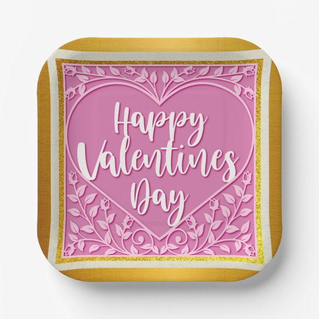 Modern Pink Rose Floral Heart Romantic Valentines Paper Plate (Front)
