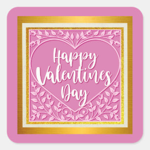 Modern Pink Rose Floral Heart Romantic Valentines Square Sticker