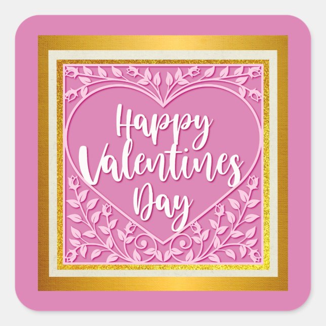 Modern Pink Rose Floral Heart Romantic Valentines Square Sticker (Front)